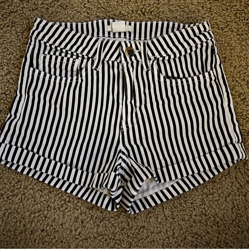 h&m jean shorts, size 0, black and white stripes